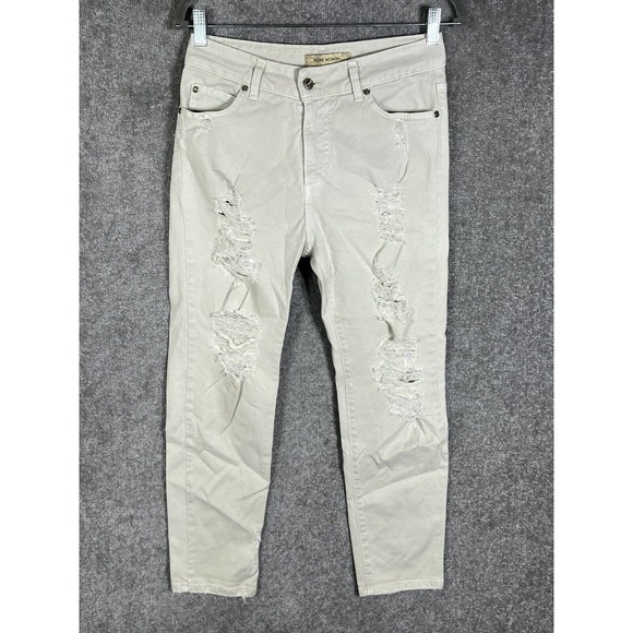 Klixs Distressed Trashed Jeans Womens Size 24 Stretch Off White Denim Italy Made - Picture 1 of 15